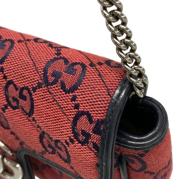 Auth GUCCI GG Marmont 661332 Red Dark Navy Jacquard Leather Shoulder Bag - Picture 10 of 15